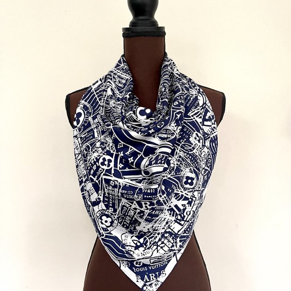 New Louis Vuitton Scarf Luggage Travel Stamps Blue Silk Wrap - Picture 14 of 14